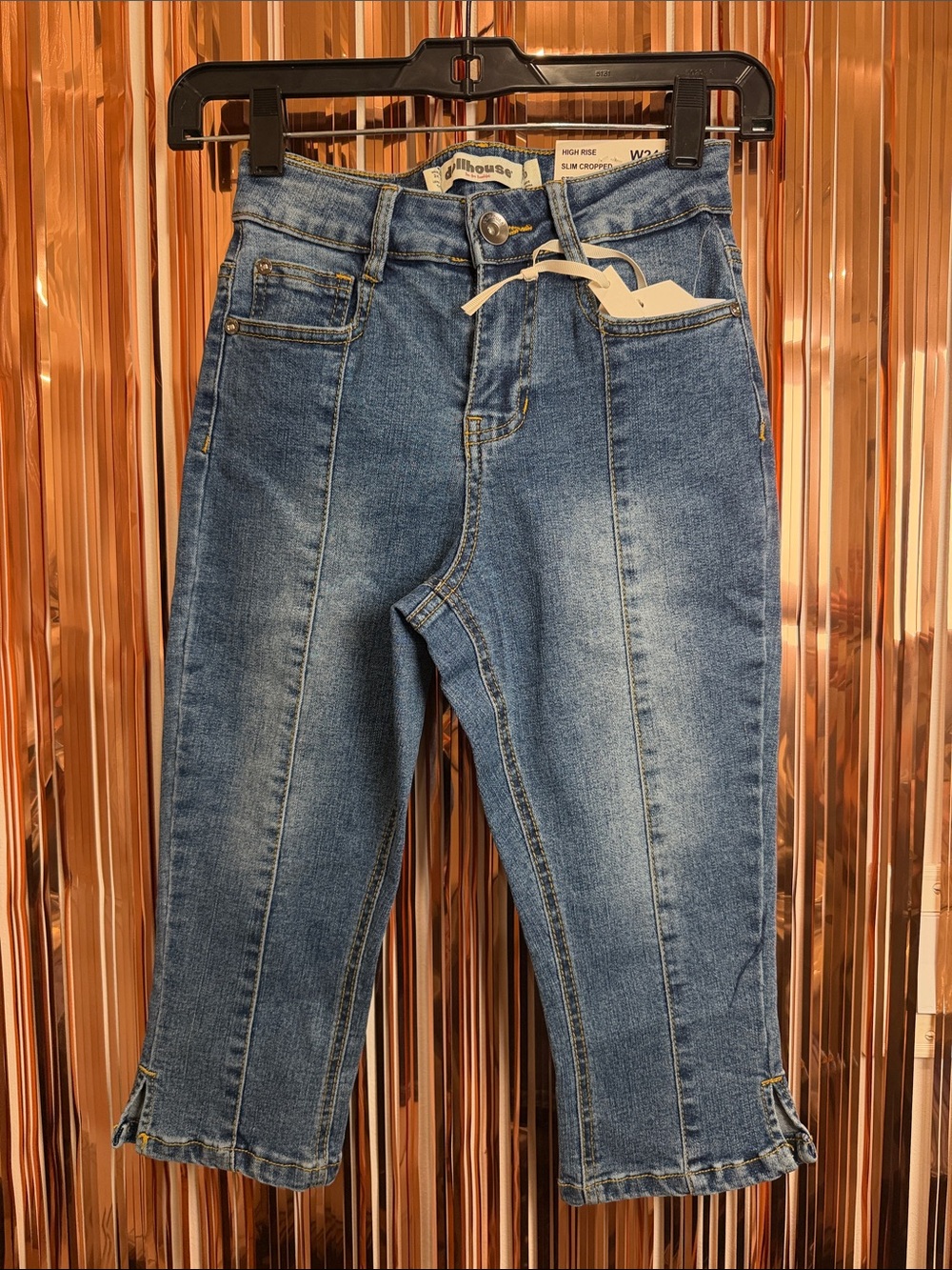 Dollhouse Medium Blue Cropped High-Rise Jeans with Front Seams & Ruffle Cuff